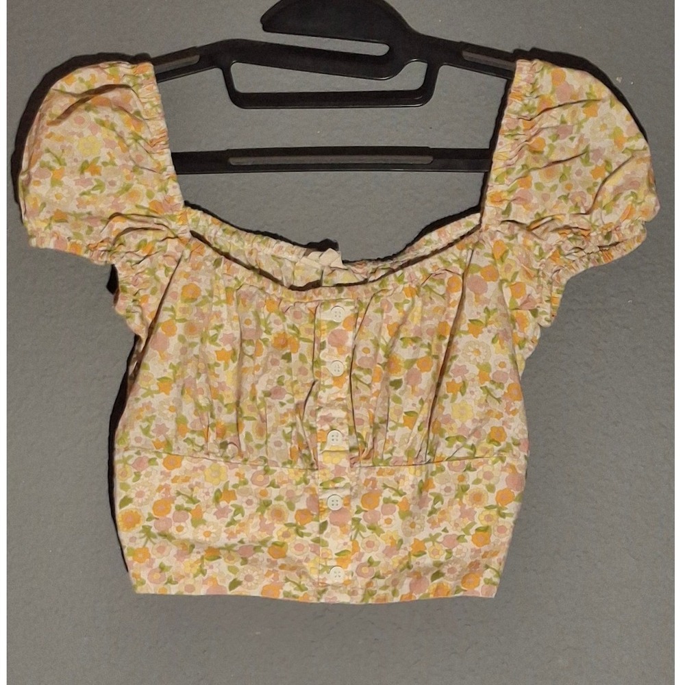 Sim & Sam Floral Puff Sleeve Crop Top Orange Pink Cottagecore Smocked Back Small